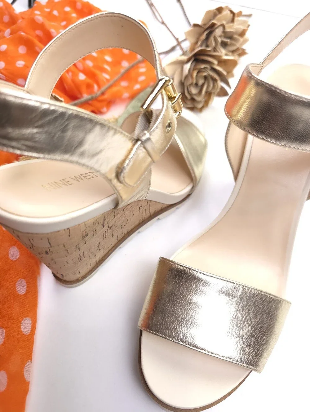 Metallic Gold Wedge Sandals with Ankle Strap Sz 9.5